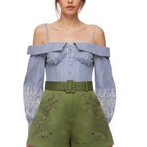 Self-Portrait Broderie Sleeve Off Shoulder Stripe Top Exclusive